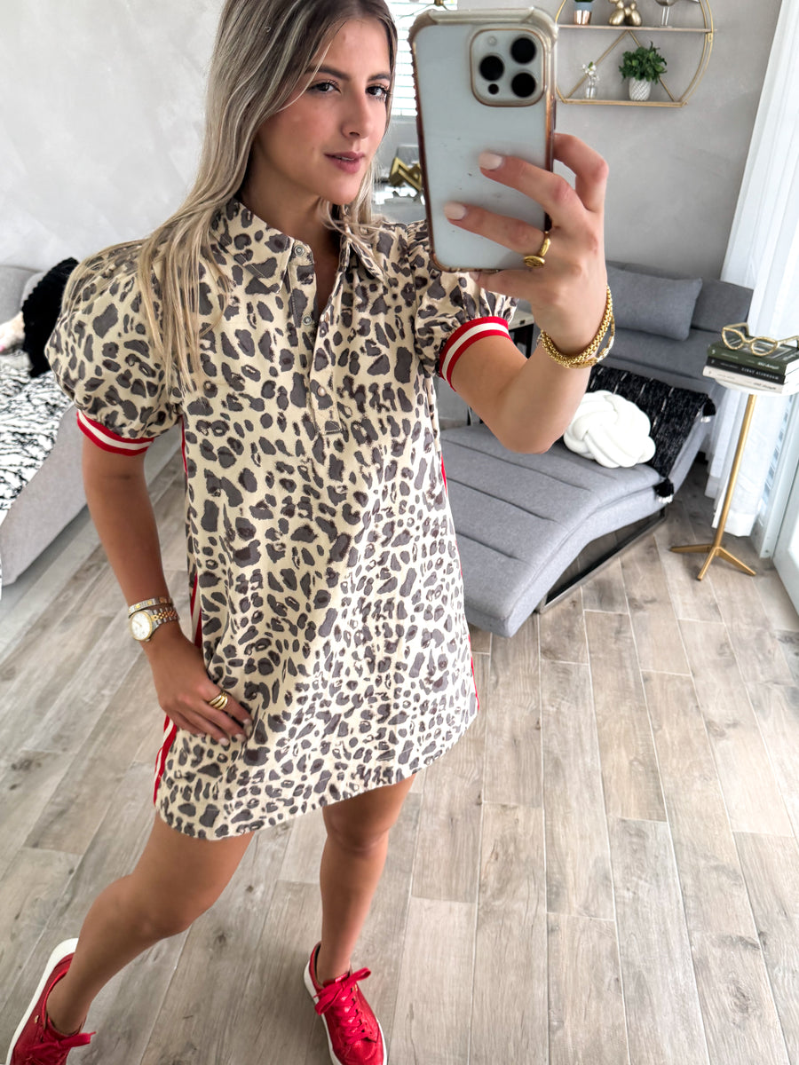 LEOPAED RED SIDE TRACK LINE SHORT DRESS