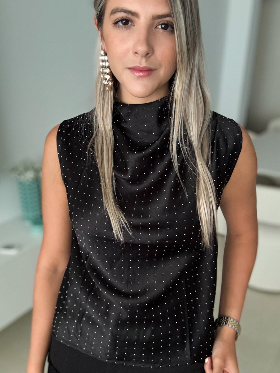 BLACK RHINESTONES SLEEVELESS BLOUSE
