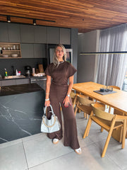 BROWN SHORT SLEEVE JUMPSUIT