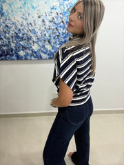 STRIPED NAVY MOCK NECK TOP