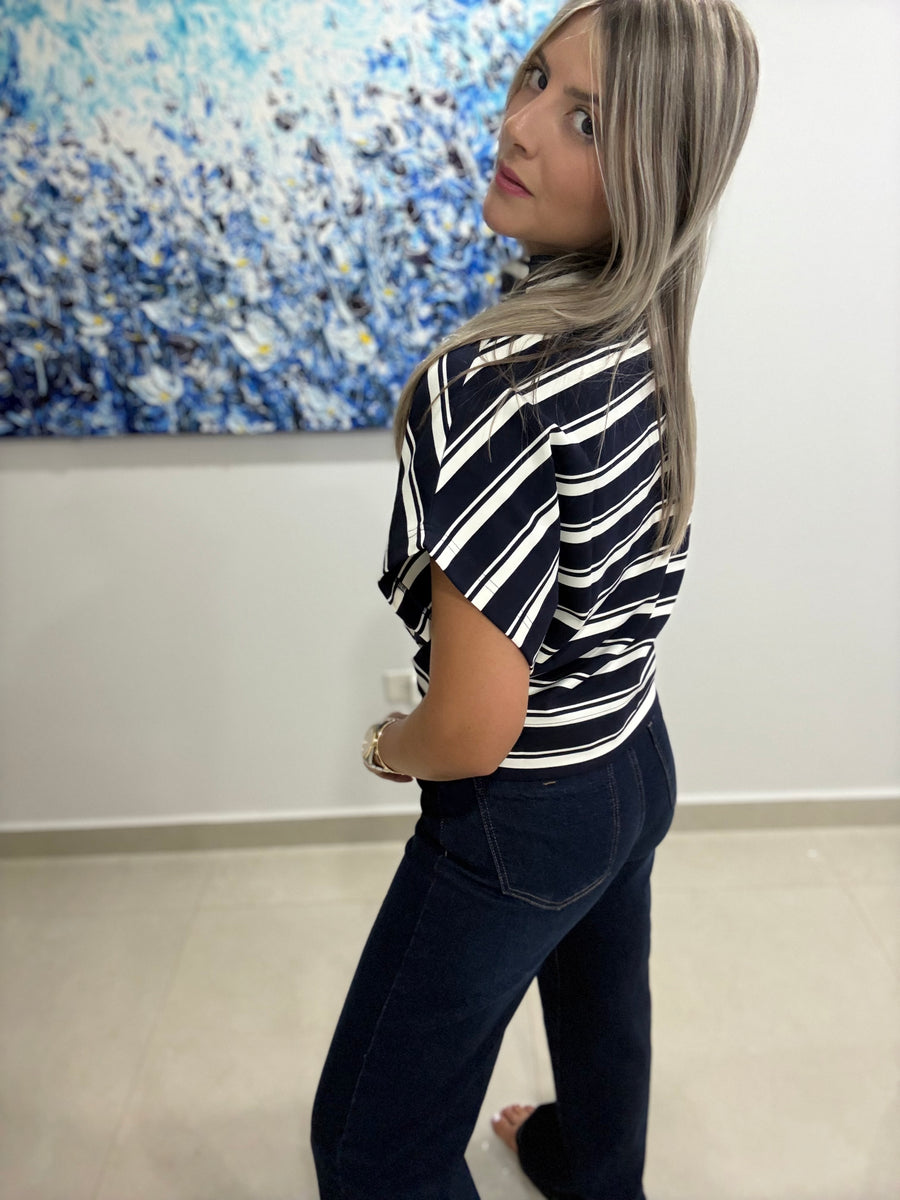 STRIPED NAVY MOCK NECK TOP