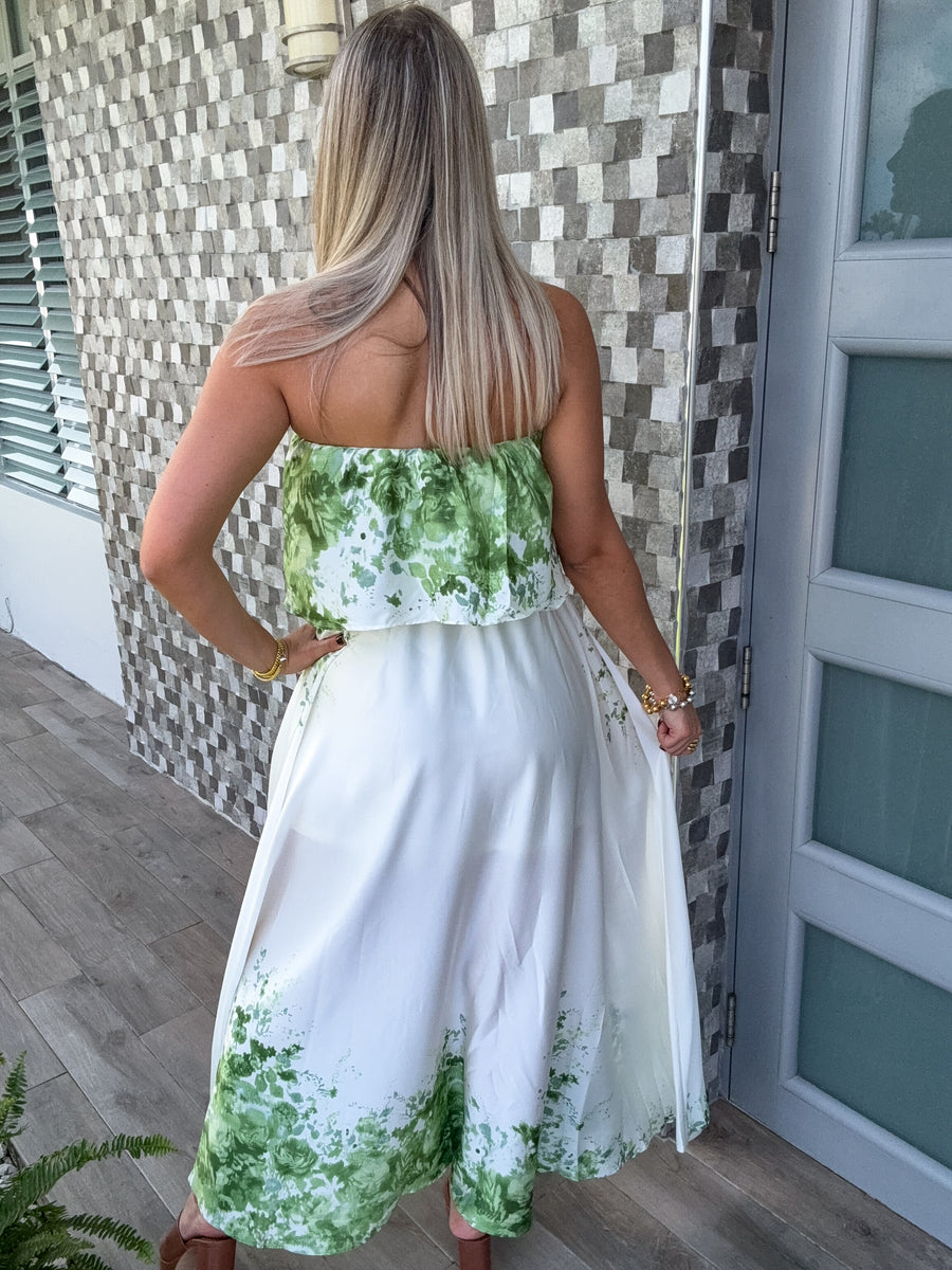 STRAPLESS GREEN/IVORY PRINTED MAXI DRESS