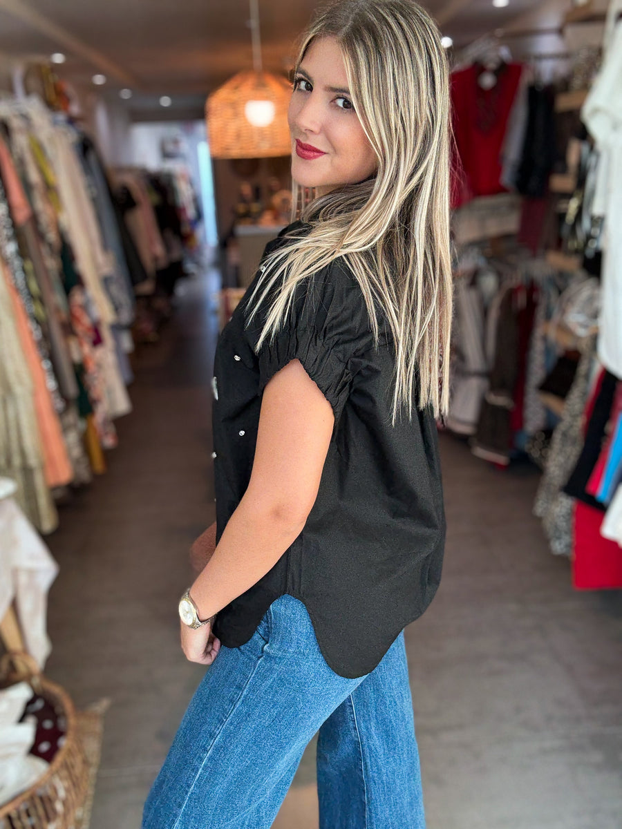 BLACK CRYSTALS BUTTONED BLOUSE