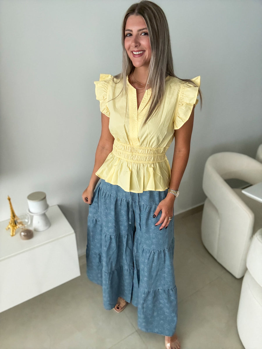 FLOWER DESIGN DENIM FLOWY PALAZZO PANTS