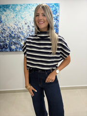 STRIPED NAVY MOCK NECK TOP