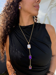 LONG GEM SQUARE NECKLACE SET IN IRRIDESCENT