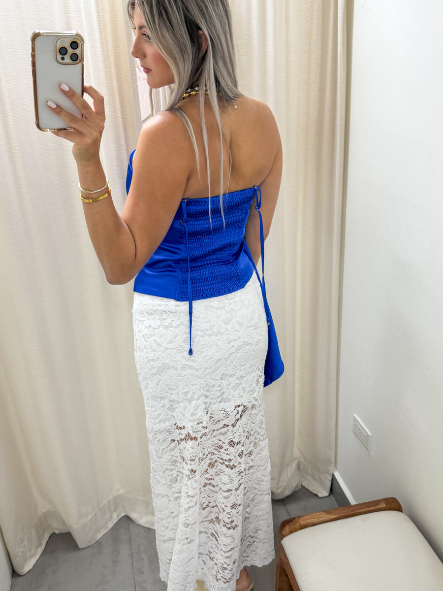 ROYAL BLUE SATIN DRAPED CORSET TOP