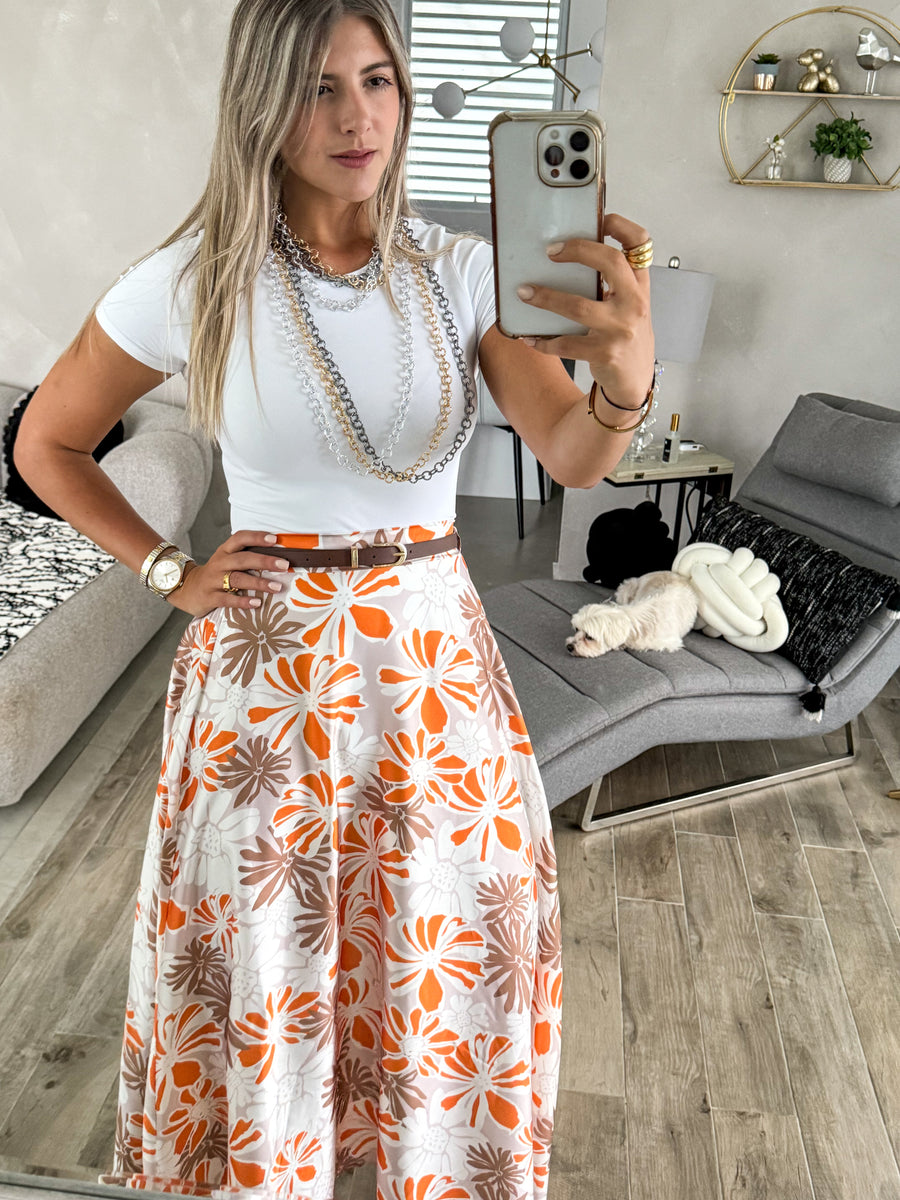 BEIGE/ORANGE BELTED FLORAL PRINT SKIRT