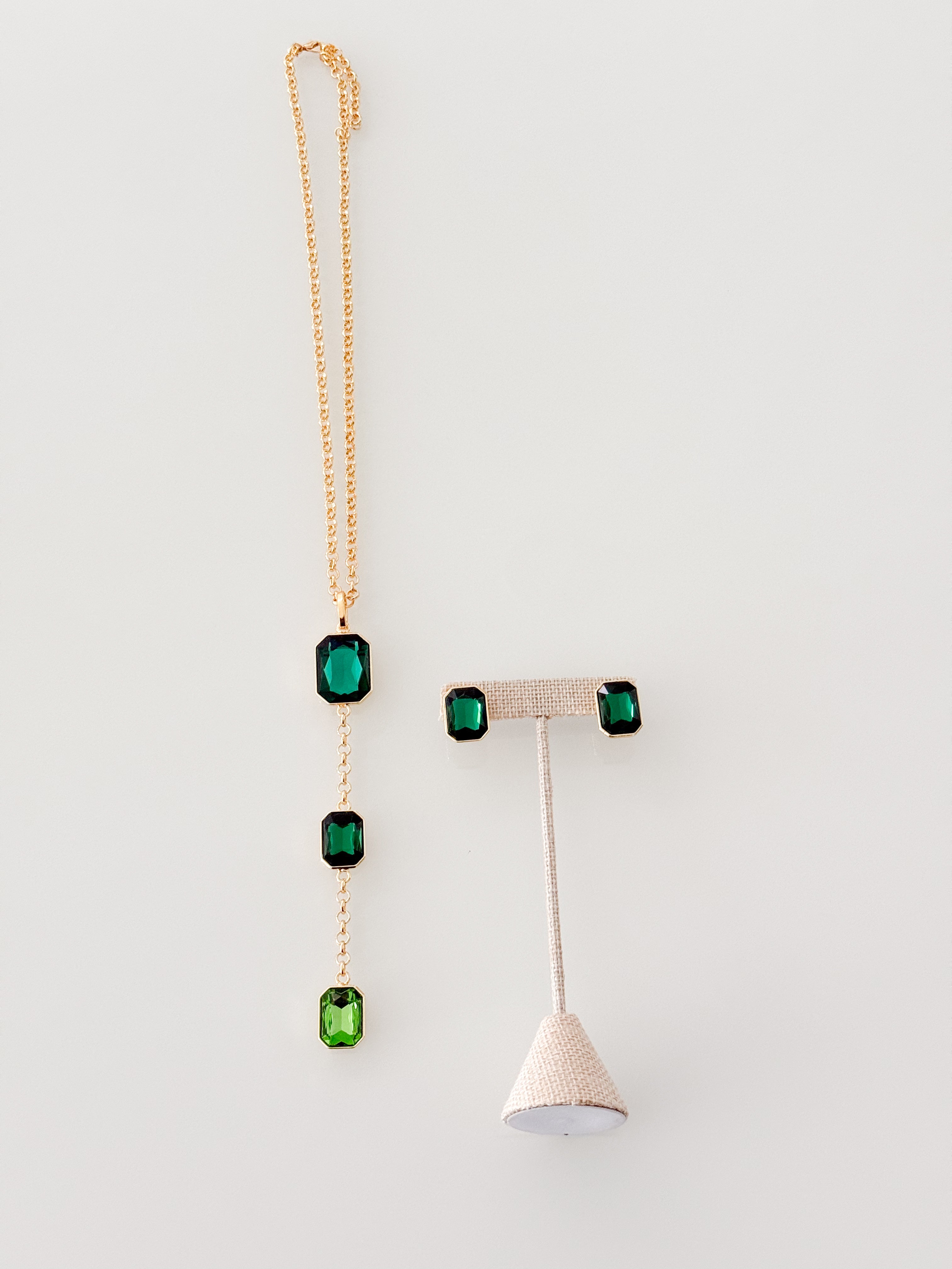 LONG SQUARE GEM NECKLACE SET IN