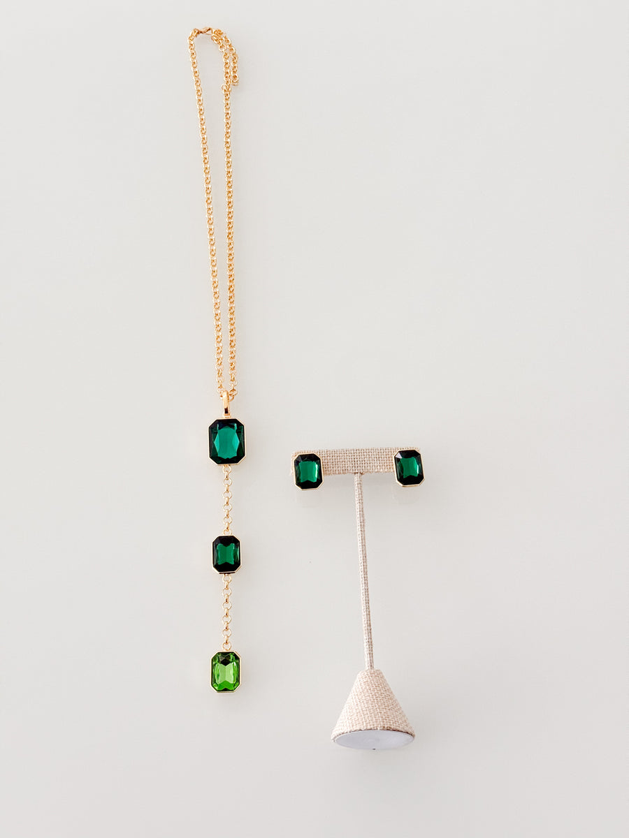 LONG SQUARE GEM NECKLACE SET IN