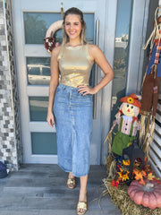 DENIM METALLIC MIDI SKIRT