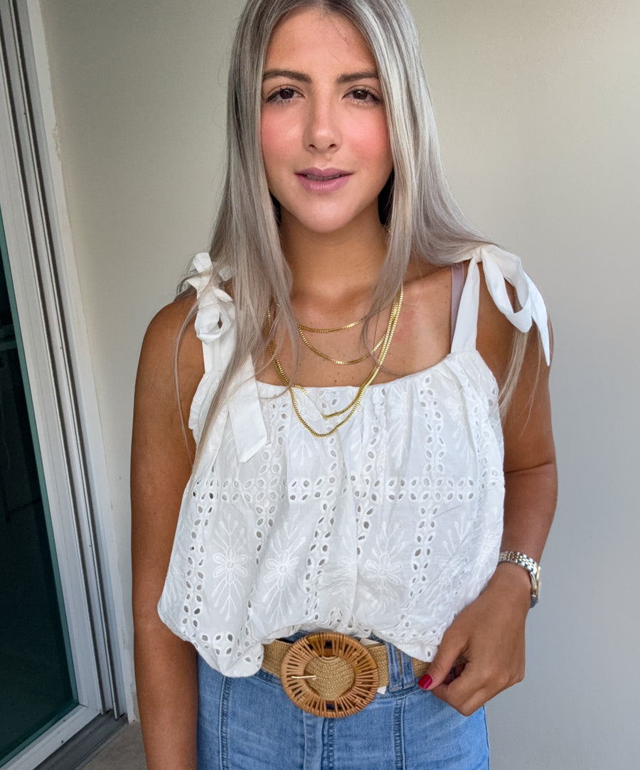 WHITE EYELET BUBBLE CROP TOP