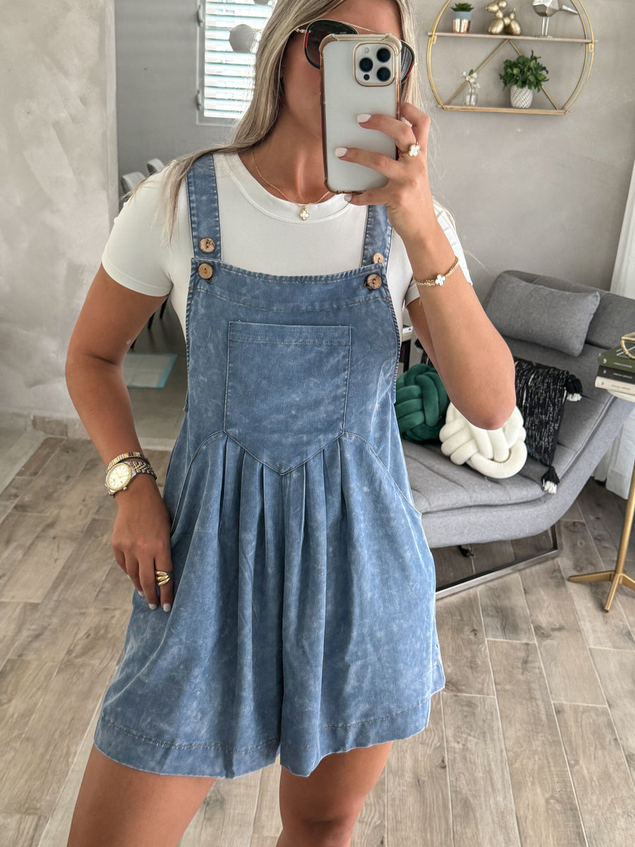 DENIM MINERAL WASH SHORT OVERALL