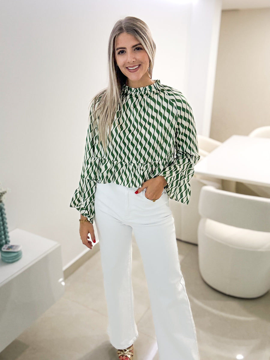 GREEN/WHITE STRIPED PEPLUM BLOUSE