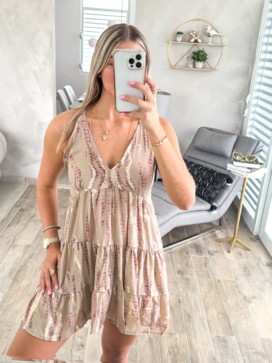 TAUPE TIE DYE RACERBACK SHORT DRESS