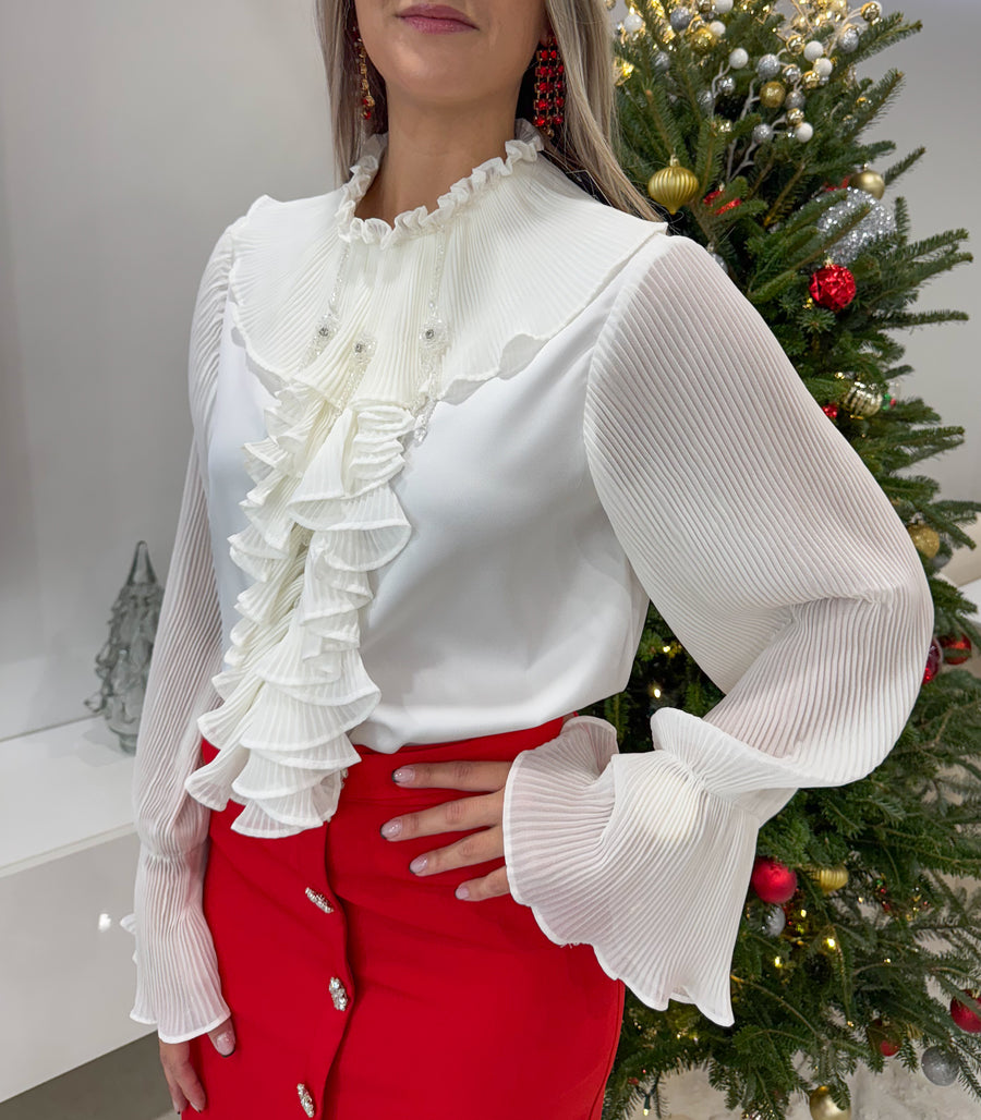 WHITE PLEATED EMBELLISHED BLOUSE