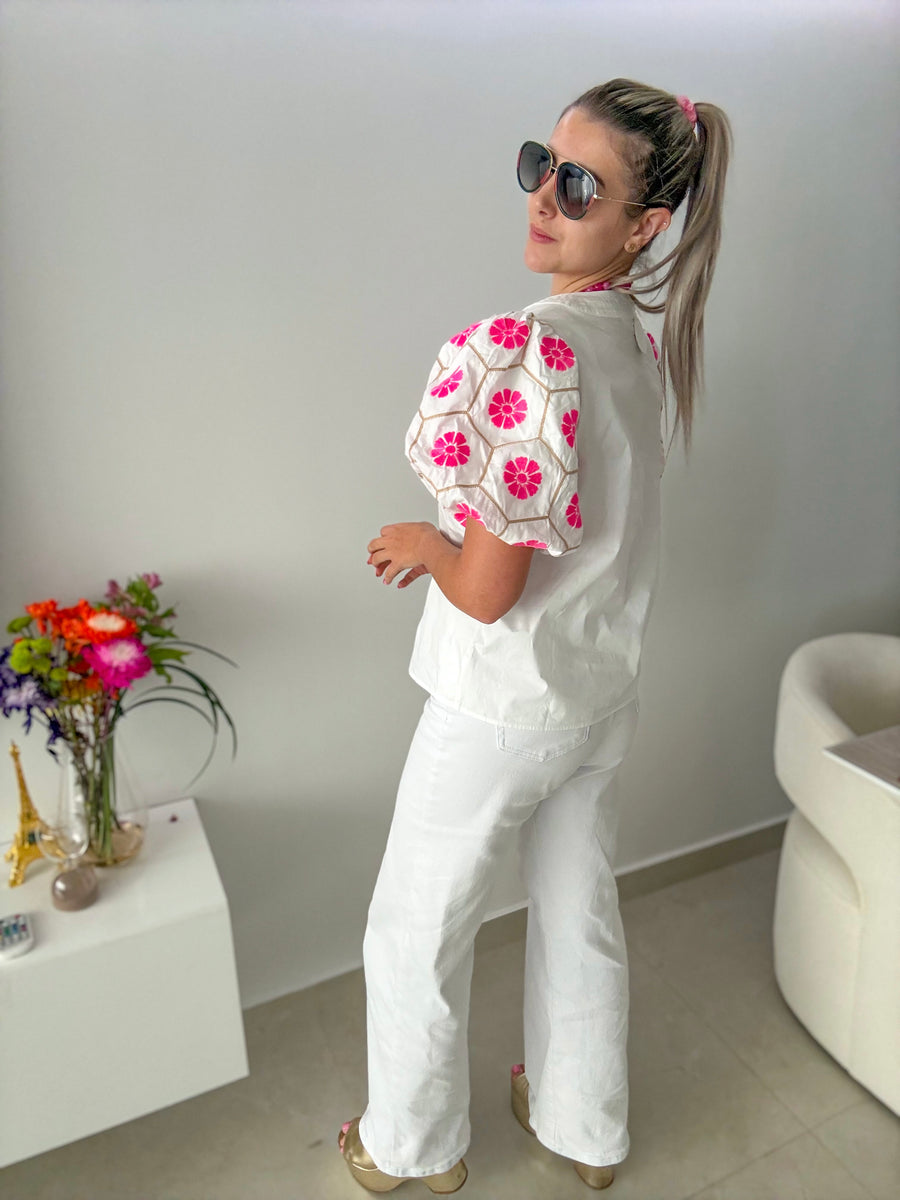 WHITE NEON PINK/BEIGE EMBROIDED BUBBLE SLEEVES BLOUSE