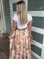 BEIGE/ORANGE BELTED FLORAL PRINT SKIRT