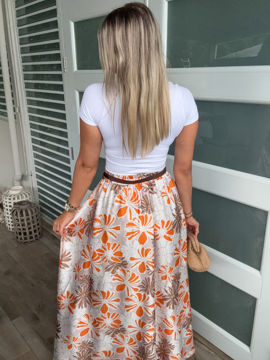 BEIGE/ORANGE BELTED FLORAL PRINT SKIRT