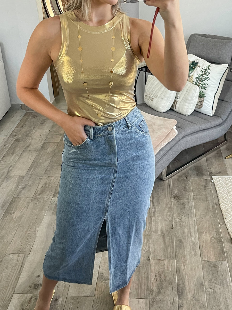 DENIM METALLIC MIDI SKIRT