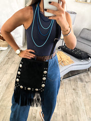 FRINGE STUDDED SUEDE CROSSBODY BAG