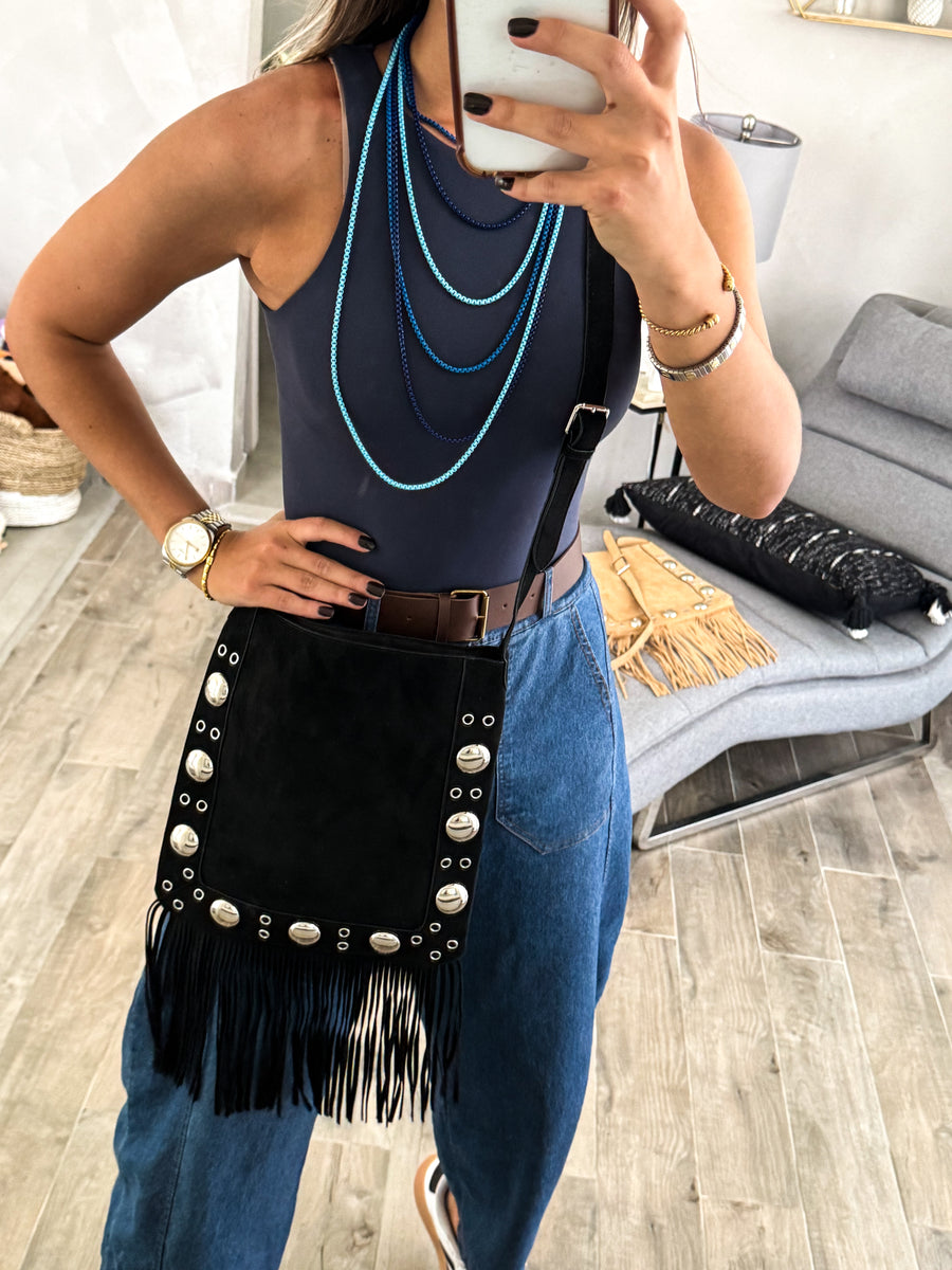 FRINGE STUDDED SUEDE CROSSBODY BAG