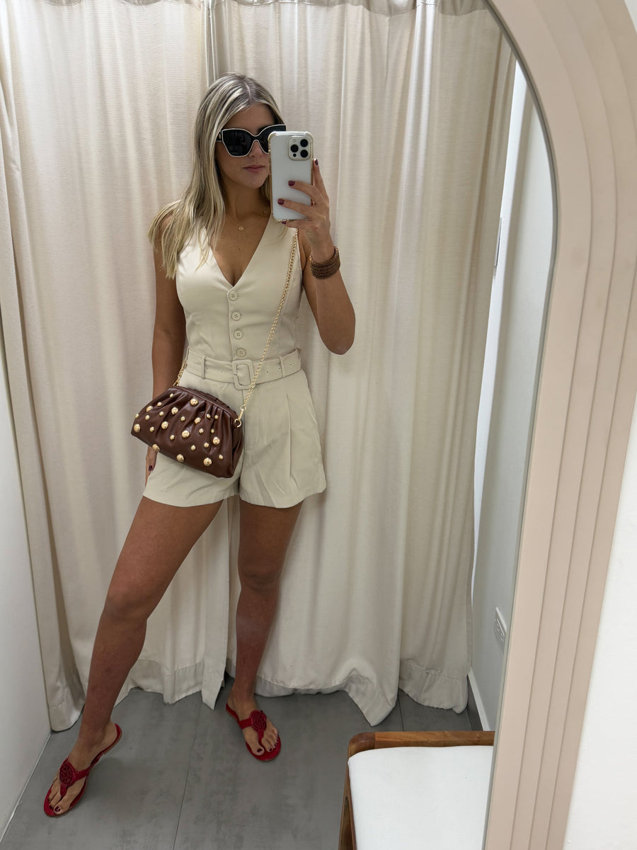 BEIGE SLEEVELESS V-NECK ROMPER