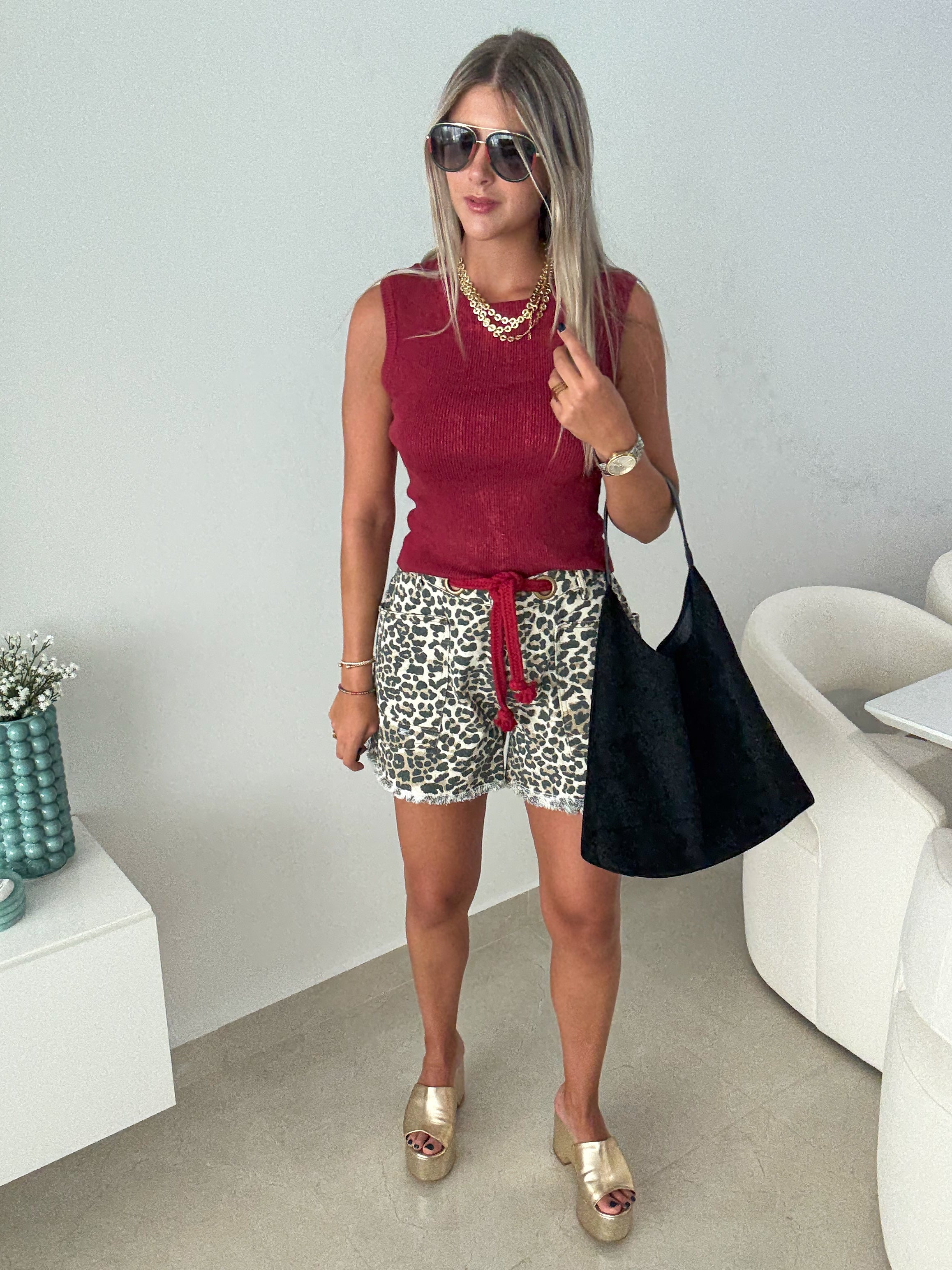 LEOPARD BRAIDED BELT SHORTS