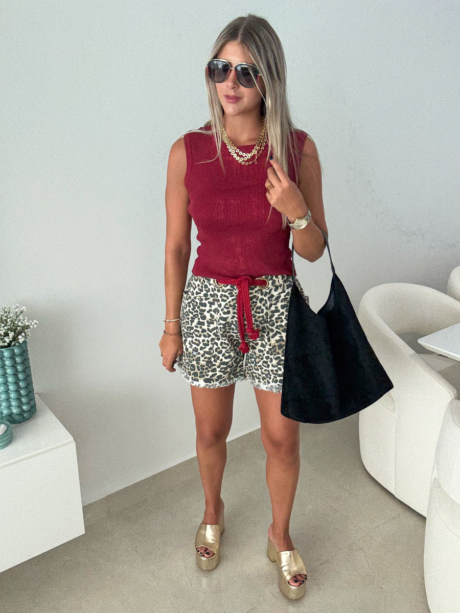 LEOPARD BRAIDED BELT SHORTS