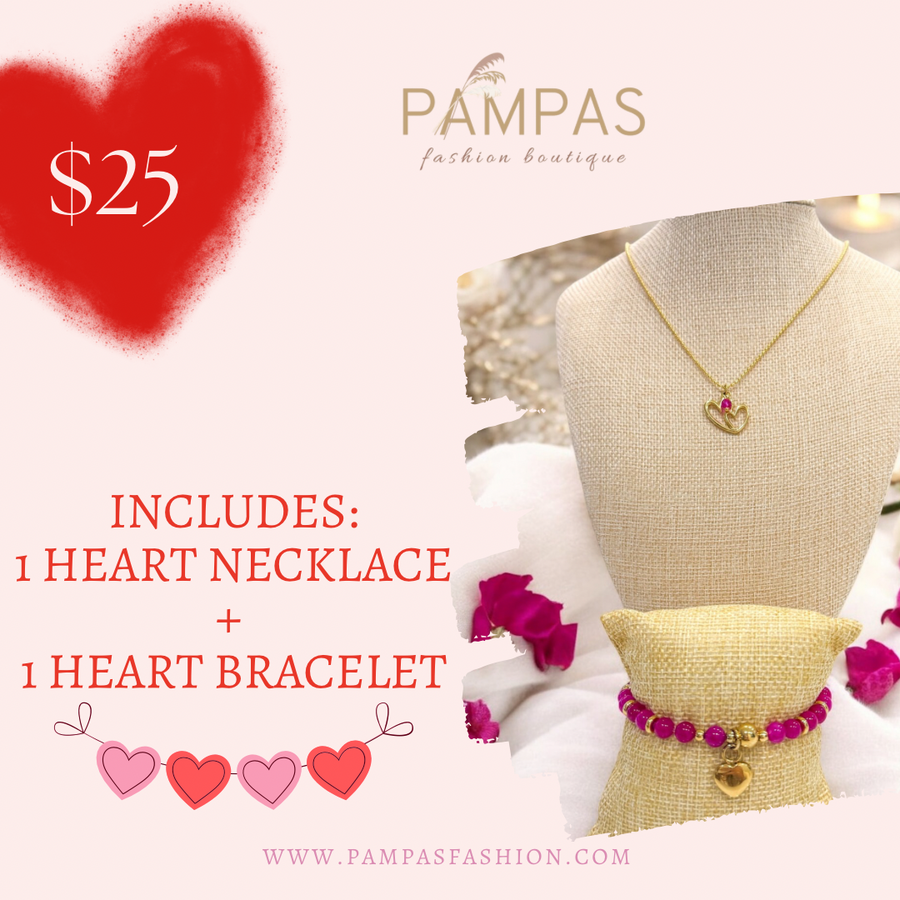 FUSCHIA HEART NECKLACE & BRACELET BUNDLE