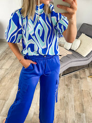 MULTI BLUE PRINT TUNIC BLOUSE