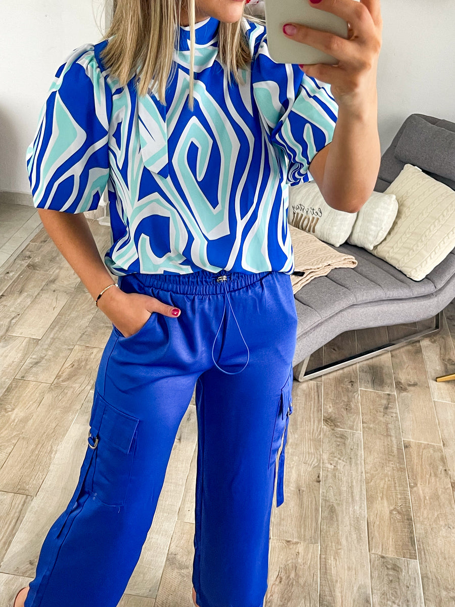 MULTI BLUE PRINT TUNIC BLOUSE
