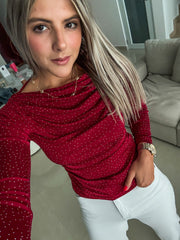 BURGUNDY RHINESTONES STRETCHY BLOUSE