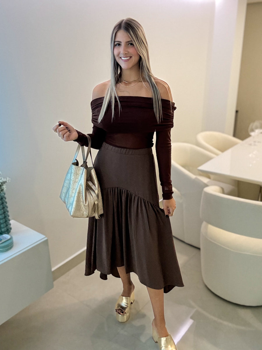 BROWN OFF SHOULDER LONG SLEEVE MESH BODYSUIT