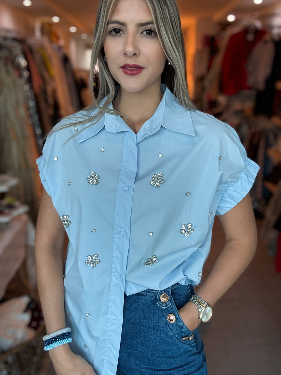 BLUE CRYSTALS BUTTONED BLOUSE