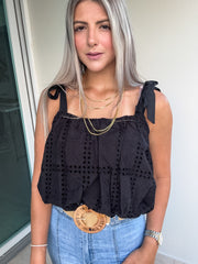 BLACK EYELET BUBBLE CROP TOP