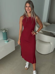 WINE RIBBED BASIC DRESS