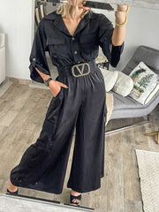 BLACK SATIN CARGO JUMPSUIT