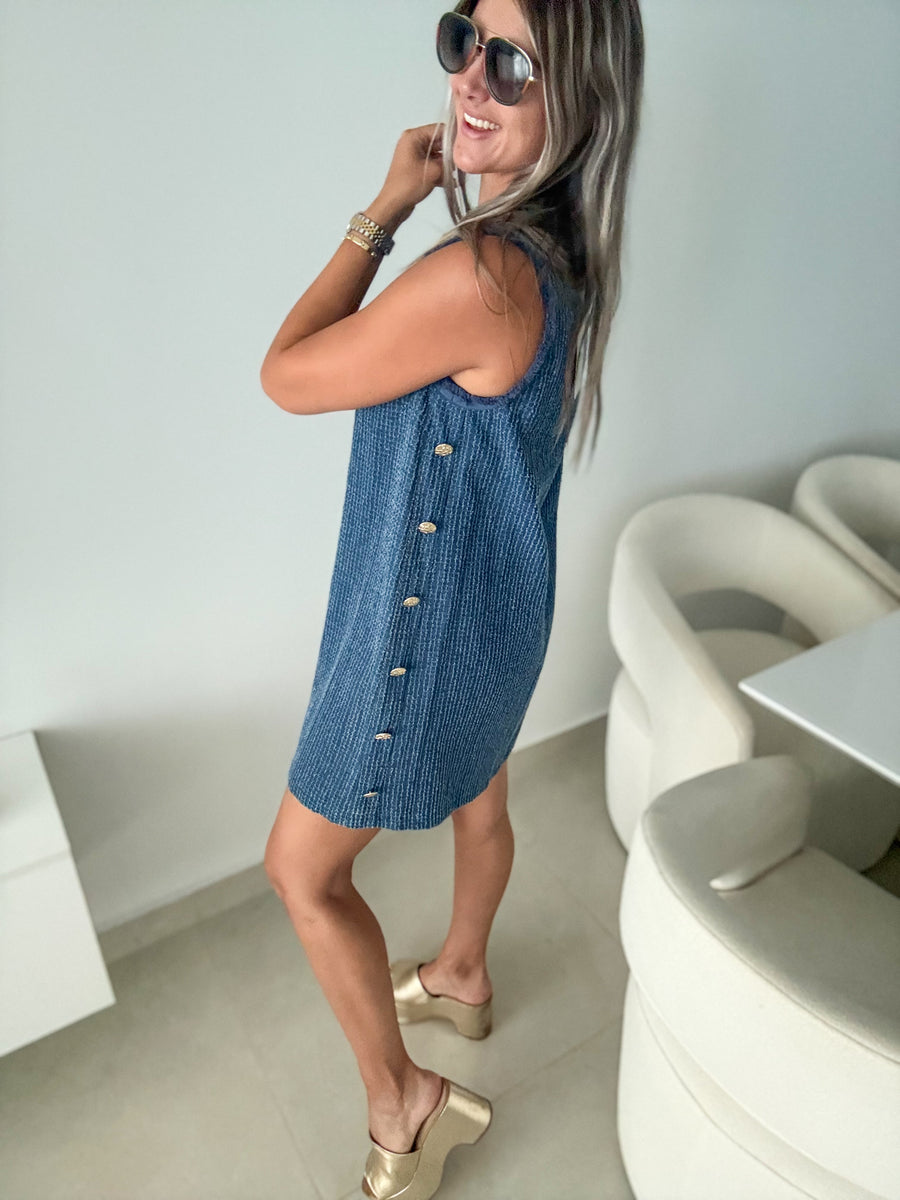 DENIM TWEED SIDE BUTTON DRESS