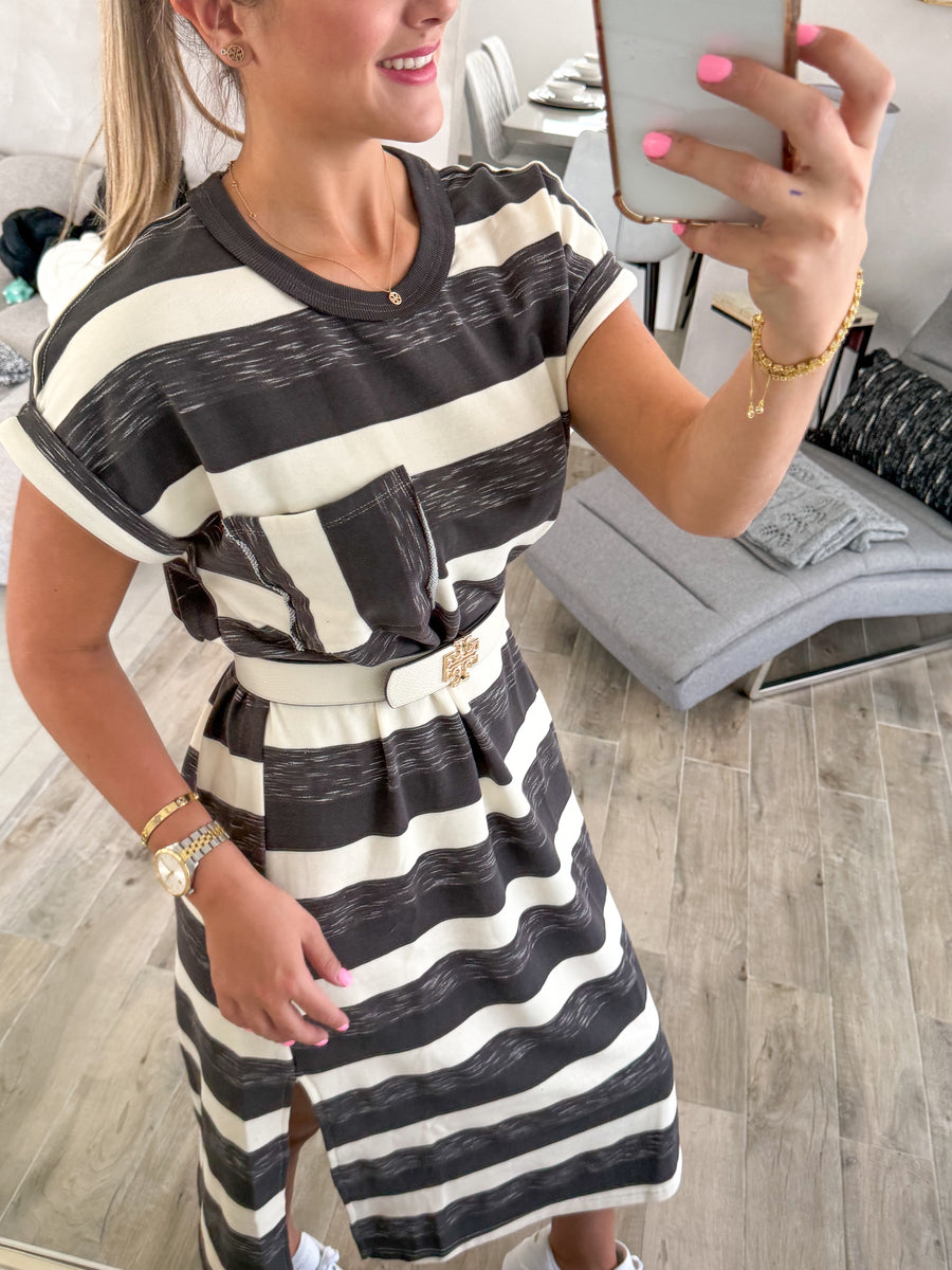 CHARCOAL GRAY STRIPED LOUNGE MIDI DRESS