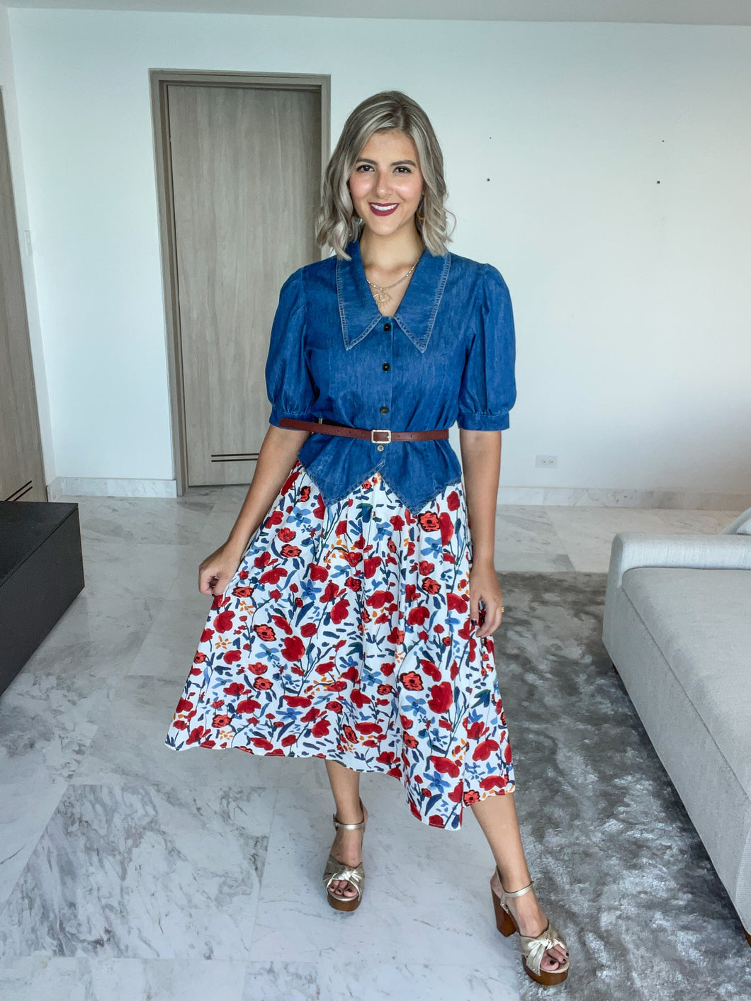 DENIM TOP WITH FLORAL SKIRT & CAMEL BELT SET