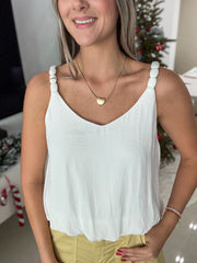 WHITE SATIN ELABORATED STRAP TANK BLOUSE