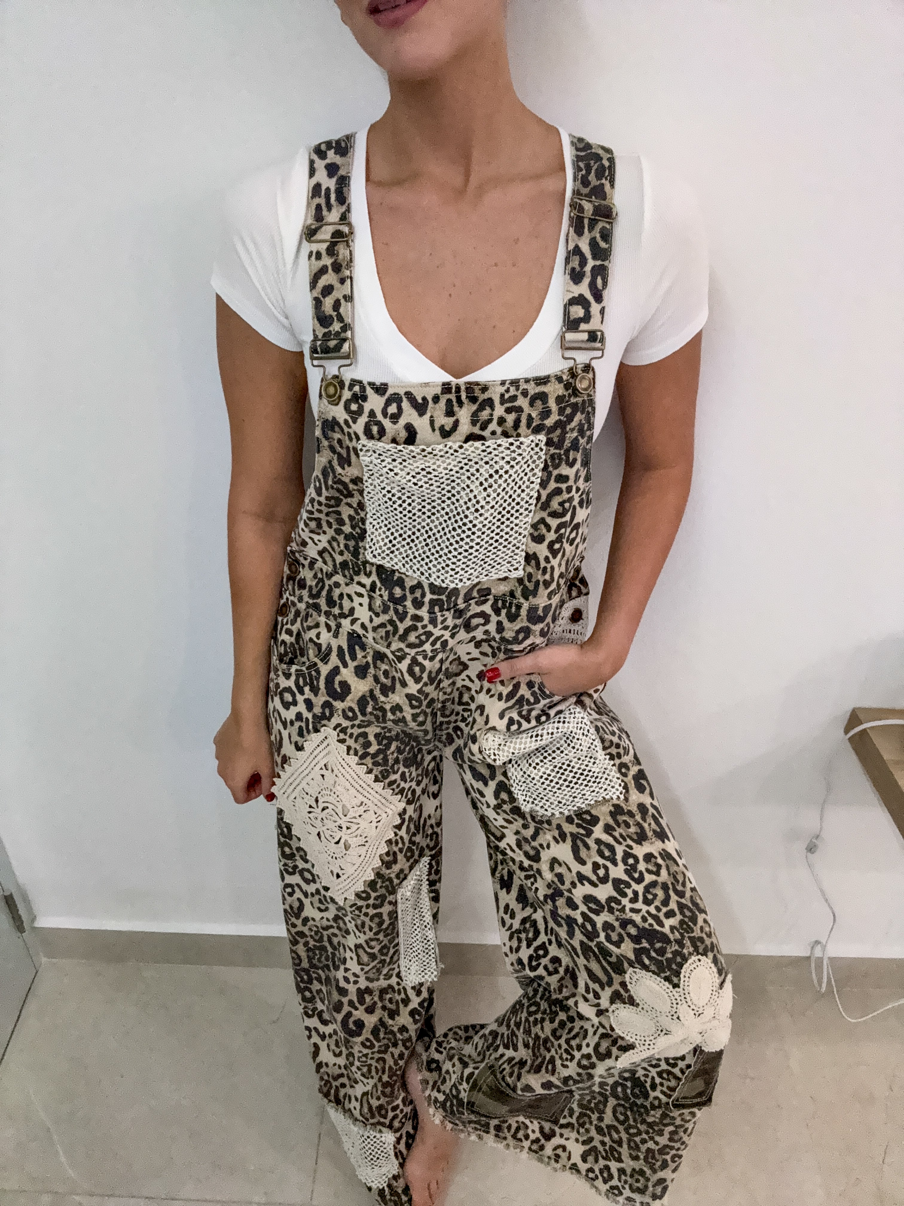 STRETCHY LEOPARD DENIM PATCHORK OVERALL JUMPSUIT