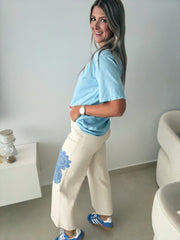 CREAM/BLUE CROCHET DETAIL PANTS
