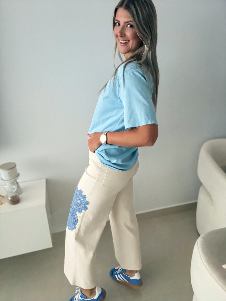 CREAM/BLUE CROCHET DETAIL PANTS