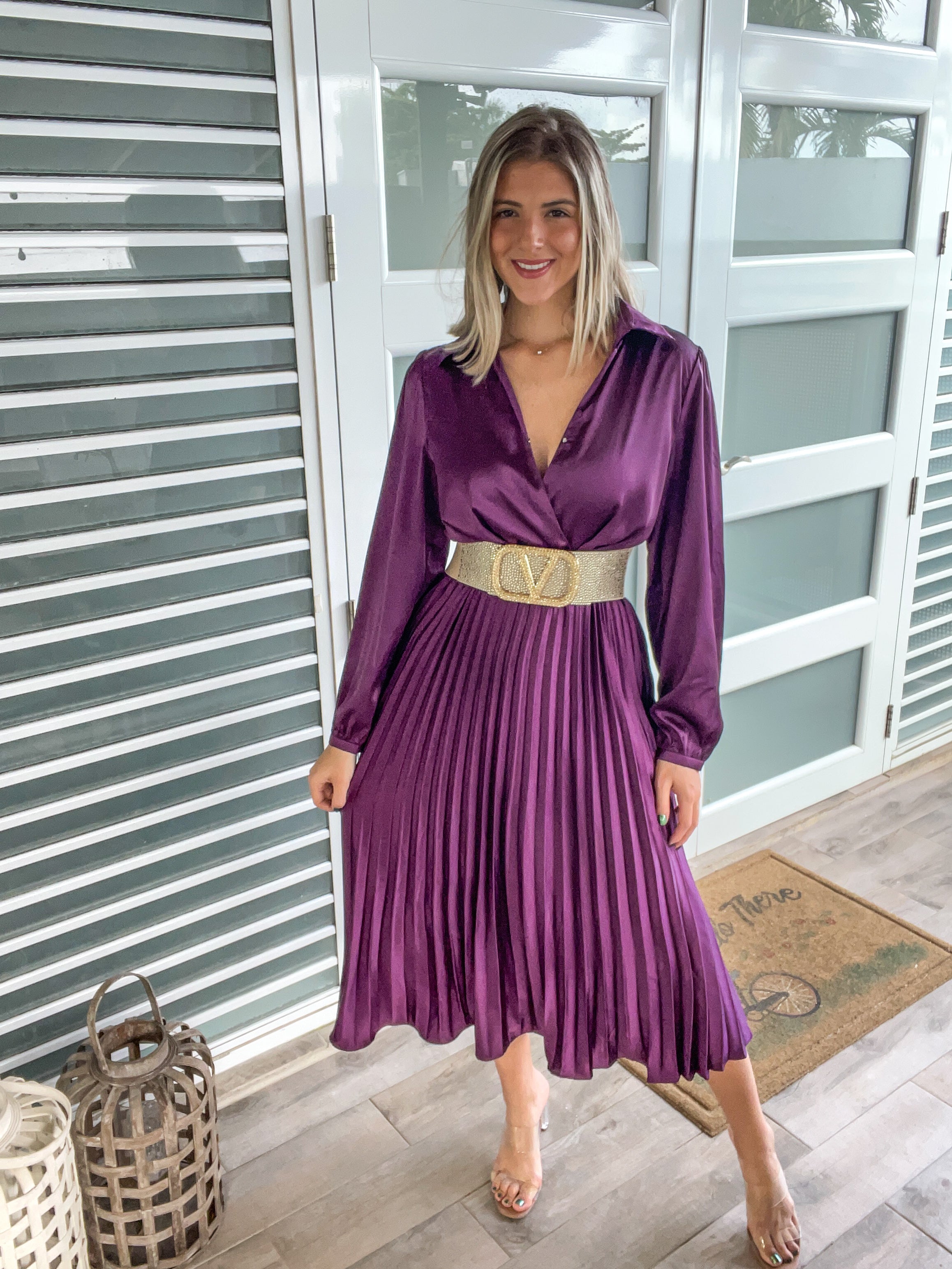 PLUM SATIN PLEATED MIDI DRESS