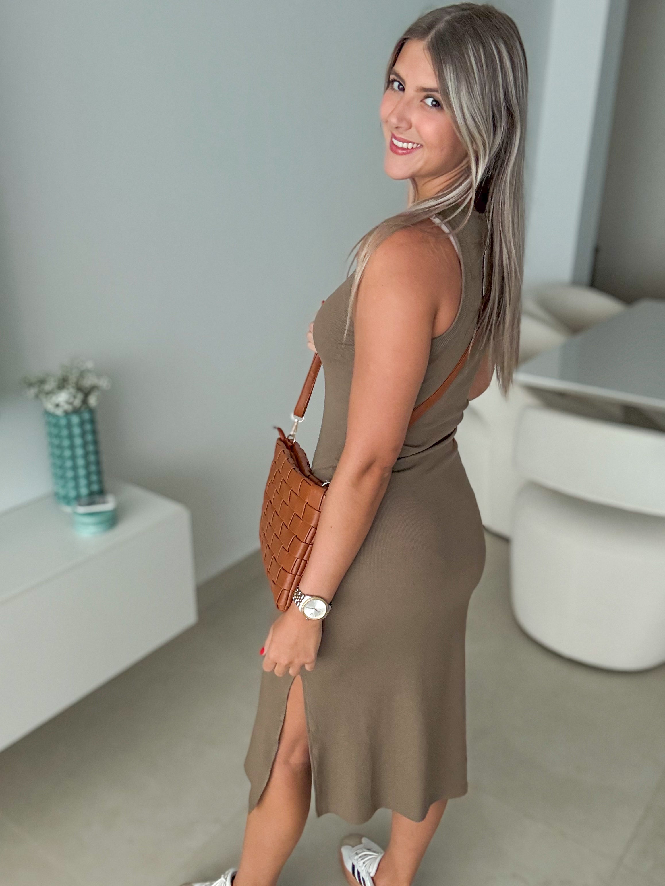 OLIVE RIBBED BASIC DRES
