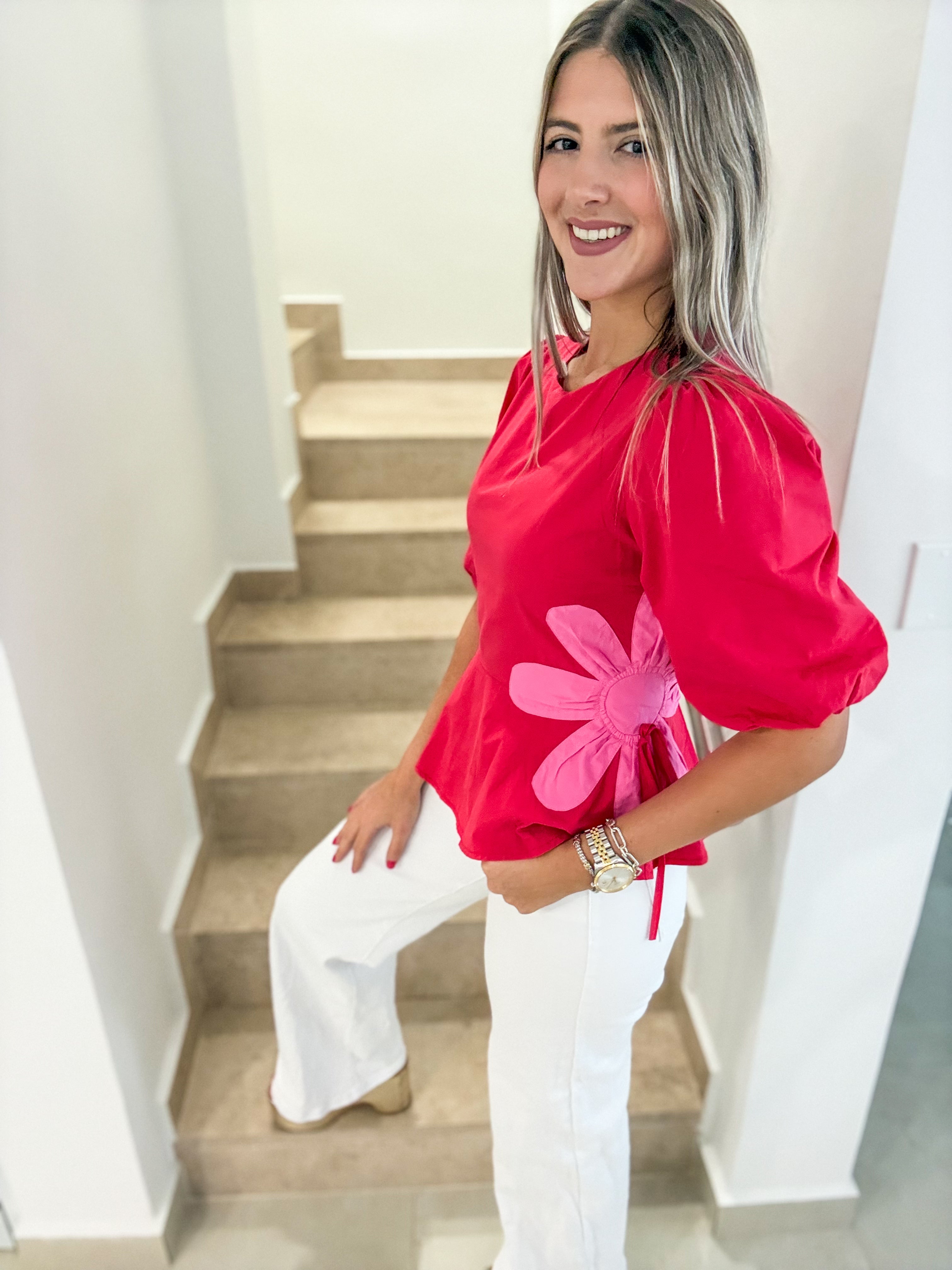 RED PINK FLOWER DETAIL BLOUSE