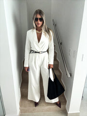 WHITE WIDE-LEG BELTEN TAILORED TROUSER PANTS