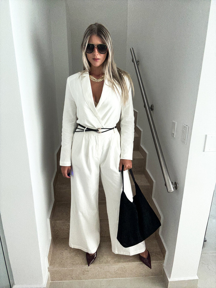 WHITE WIDE-LEG BELTEN TAILORED TROUSER PANTS